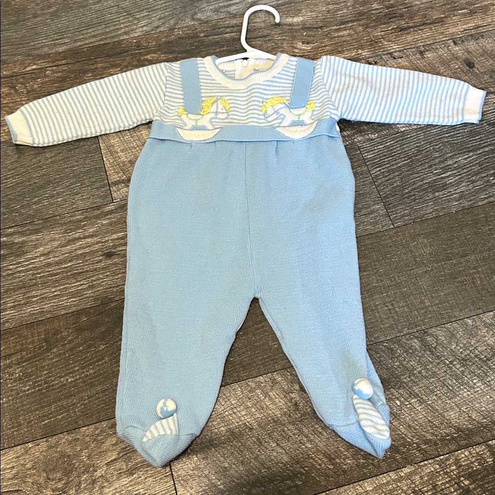 Vintage Crackerjack Footed baby romper one piece outfit blue and white 9 month